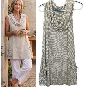 Vine Street XL Sleeveless Cowl Neck Tunic Tan Stripe Pockets Crinkle Lagenlook
